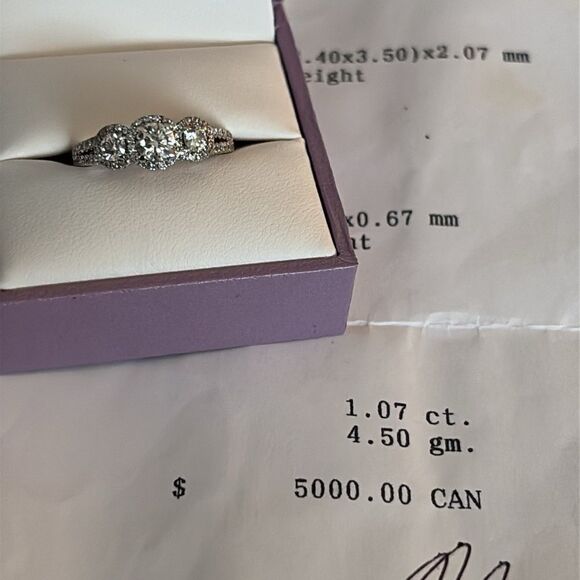 1.07 Carat Natural Diamond Past, Present, Future 14K Gold Engagement Ring $5,600 - Picture 14 of 15